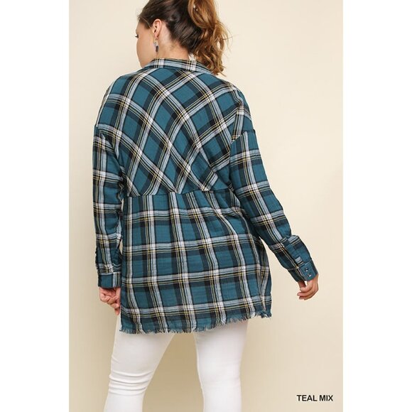 Umgee Plaid & Frayed Cotton Top, Teal - Picture 3 of 4